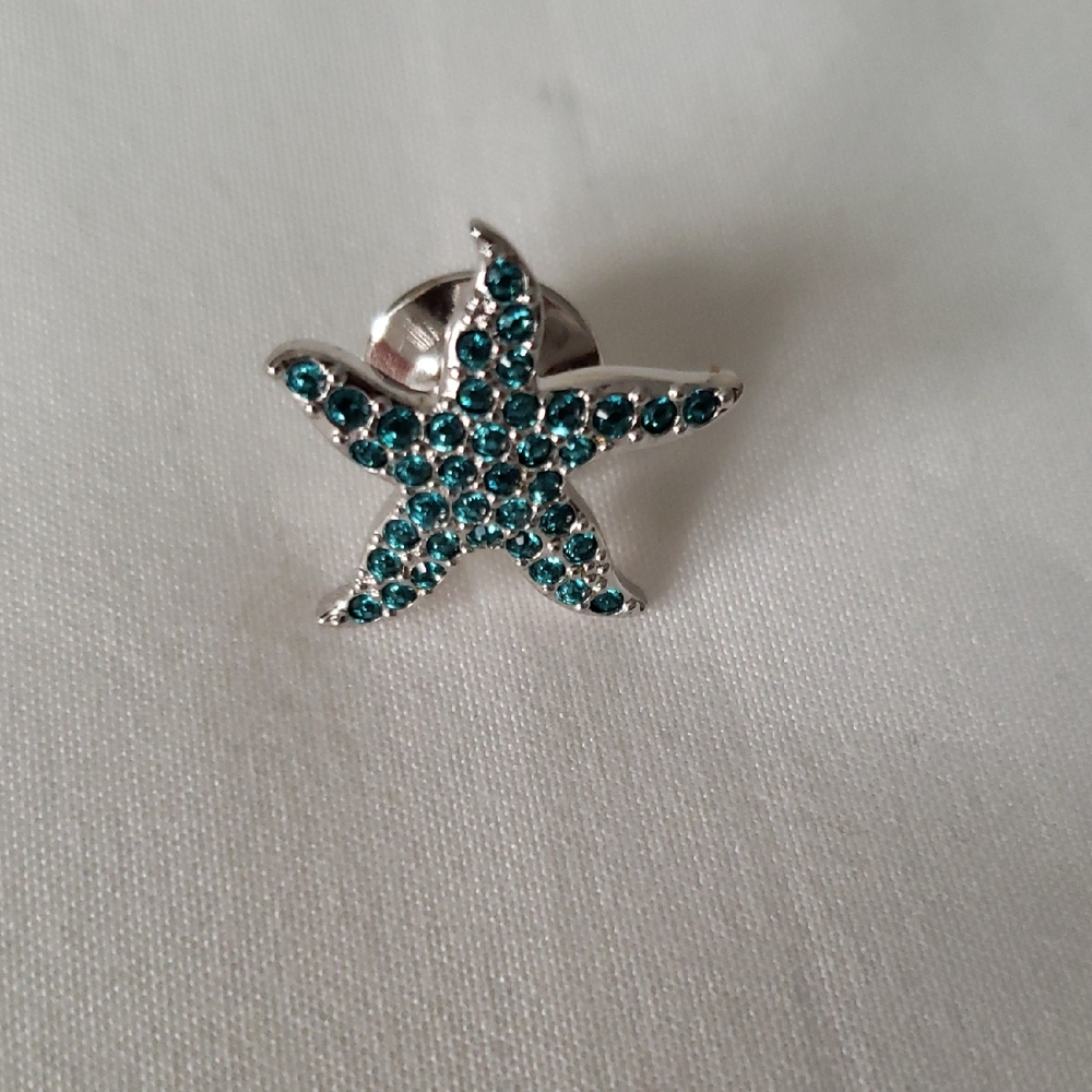 Swarovski Silver Starfish Pin with Teal Crystals